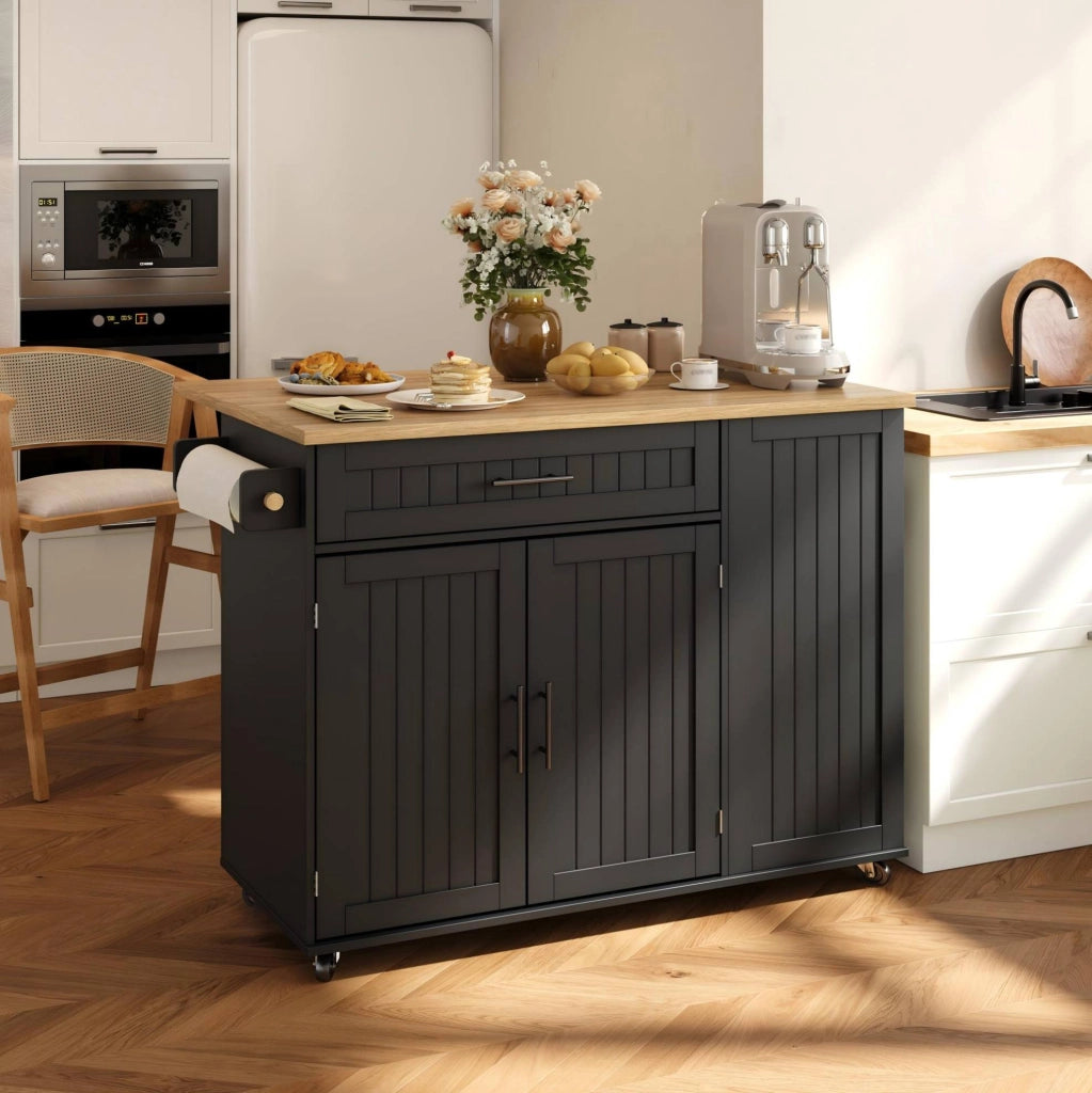Isola da cucina con piano ribaltabile 130x70x93 cm in MDF nero; carrello con ruote bloccabili