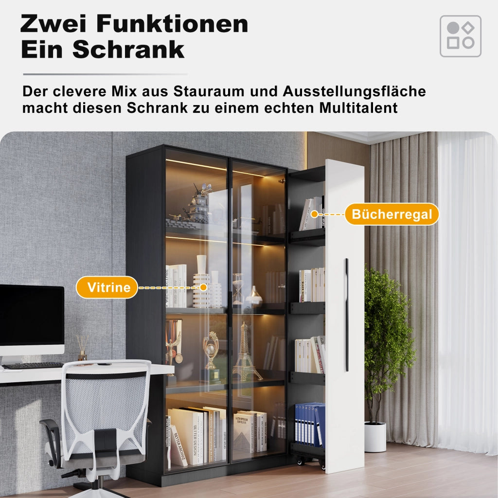 Libreria con Vetrina in Vetro; Ripiano Estraibile e LED per Soggiorno o Ufficio in MDF; 110;5 × 35 × 160 cm