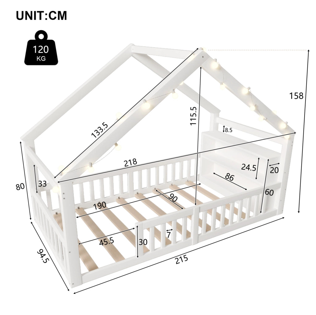Letto per bambini a casetta 90x190 cm con sponde e scaffali, bianco