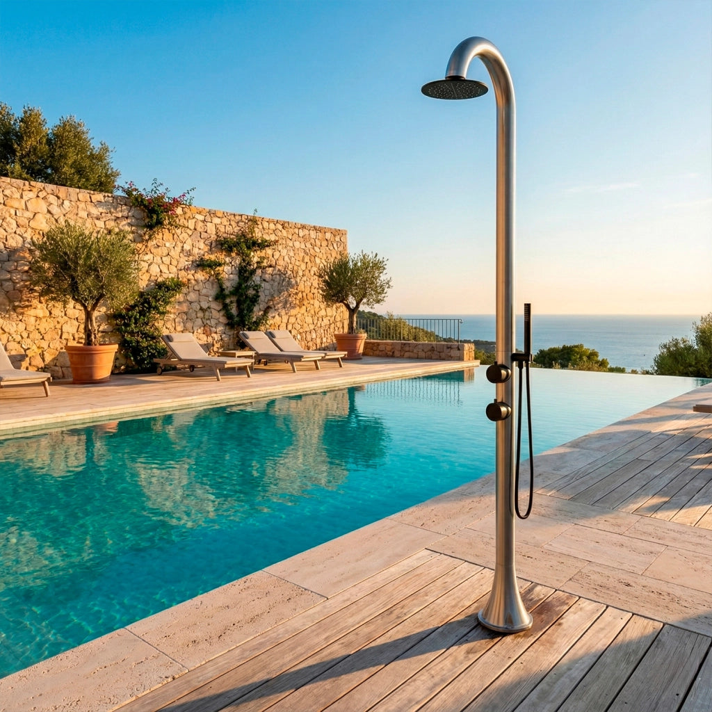 Doccia piscina SINED Luna In Acciaio Inox 316l Acciaio Spazzolato Con Doccino Flessibile Acqua calda e fredda Per Interni Ed Esterni Resistente Ingresso acqua dal basso o laterale
