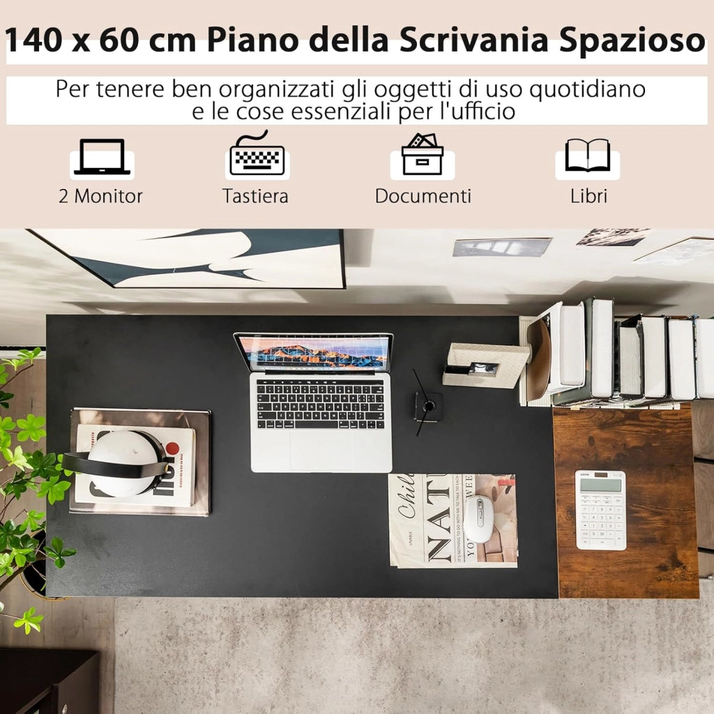 Scrivania per Computer da 140 cm, Scrivania per PC Portatile con Ripiani, Telaio in Acciaio e Ampio Piano, Scrivania Industriale per Ufficio e Studio, 140 x 60 x 74 cm (Nero)