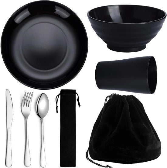 Set di Cucina da Campeggio - Tazze, Piatti e Bicchieri Riciclabili - Cucina in Acciaio Inossidabile - Resistenti al Lavastoviglie - Leggeri - Borsa Nera - Servizio da Campeggio
