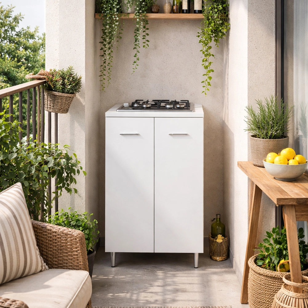 Mobile Cucina con Piano Cottura 2 Fuochi 60x40x85 cm con Piastre in Ghisa Bianco