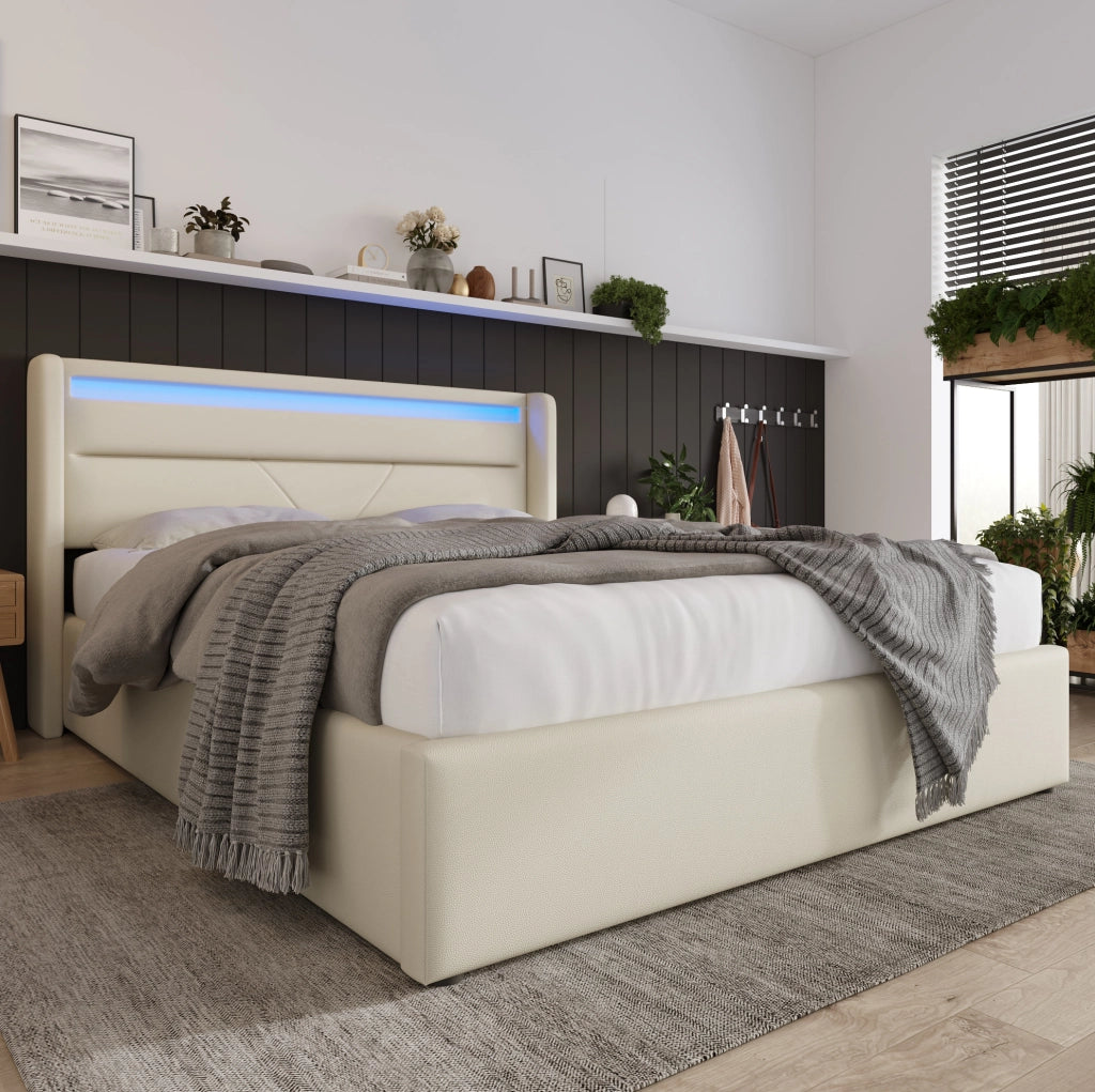 Letto matrimoniale contenitore 160x200 cm con testiera LED, PU bianco, rete sollevabile