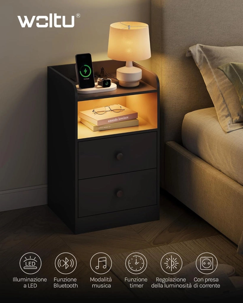 Comodino per Camera da Letto, Comodino Nero con Prese, Porte USB e Luci a LED, Tavolino con 1 Piano, 1 Scomparto e 2 Cassetti, Tavolino da Divano in Legno, NTS07sz