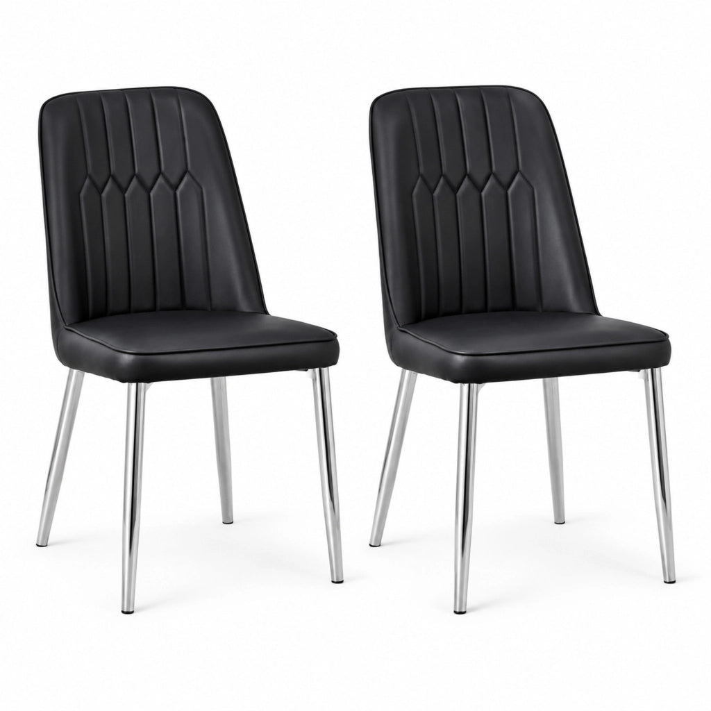 Sedia da pranzo nera in ecopelle con gambe metalliche argento, design moderno e minimale