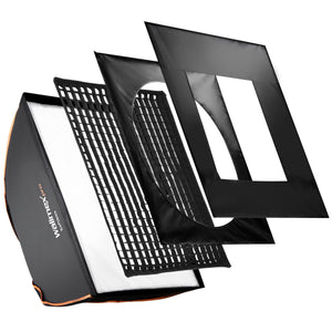 PLUS Orange Softbox 80x120cm, girevole a 360°, Sagomatore di luce per foto e video, incluso diffusore griglia maschere, per studio fotografico