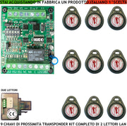 Chiave Elettronica di Prossimità 9 Chiavi TAG Due Lettori su Modulo LAN Universale 501/503 RJ45 Alimentazione 12/24 Vac Relè Scambio 2 A a 24 V Funzione Impulsiva o Stabile Segnale di Stato 4 Led GRVB