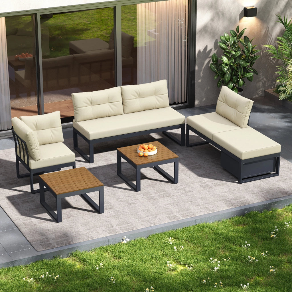Divano Modulare da Giardino con Tavolino e Vano Contenitore; Poliestere; Beige