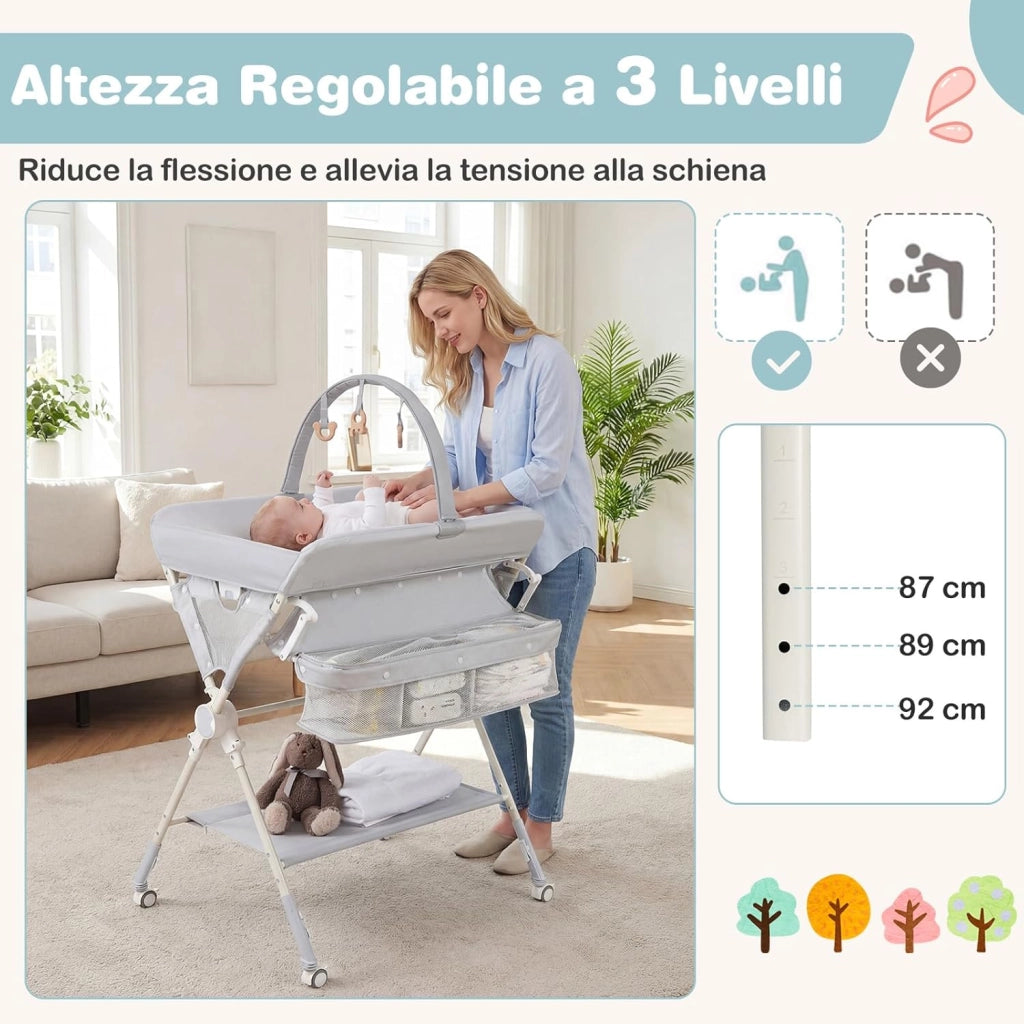 Fasciatoio Pieghevole per Bambini, Fasciatoio Portatile con Ruote, Altezza Regolabile, Piattaforma Rimovibile, con Barra Giocattoli, Stendino, Misuratore, Cestini, Portata 25 kg