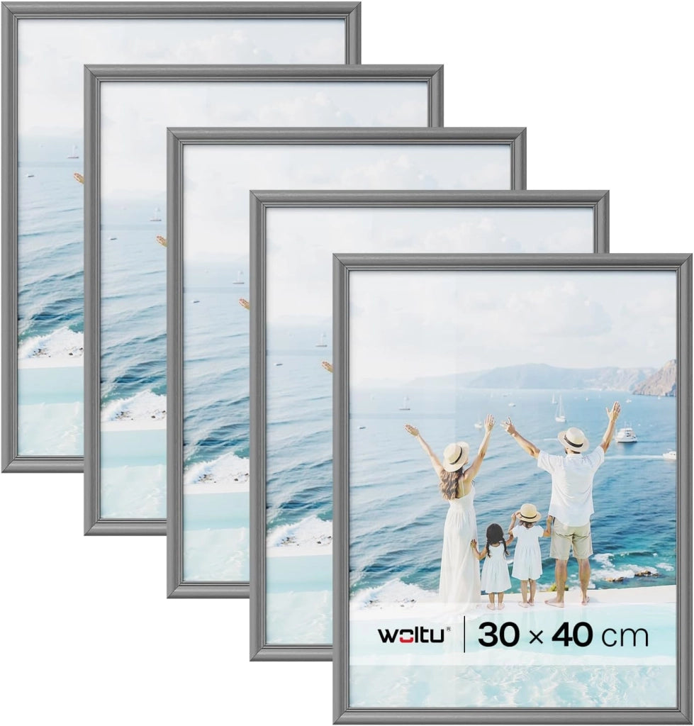Cornice per Foto 30x40 cm Set di 5 Cornice da Parete e Tavolo, Portafoto con Cornice in Legno Massello e Pannello in Plastica, Collage Foto, Grigio