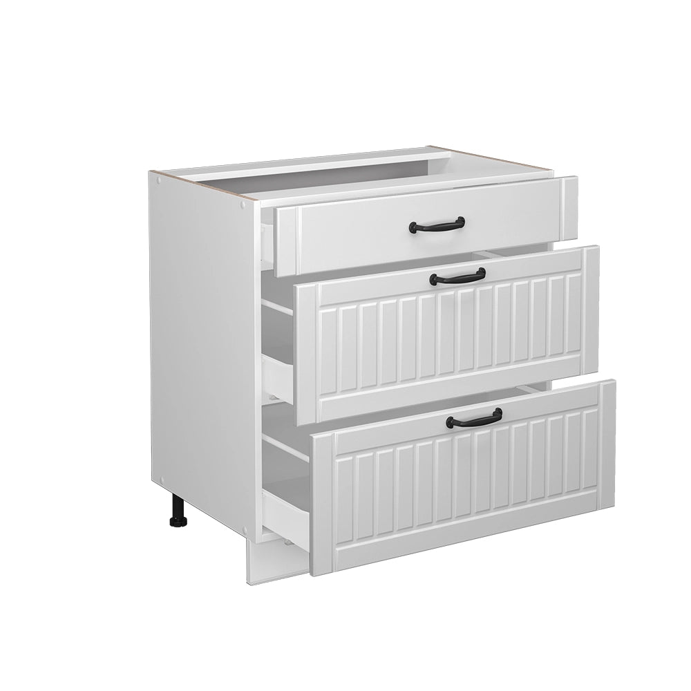 Mobiletto base per cucina Fame-Line Bianco rustico/Bianco 80 cm con 3 cassetti, PL Marmo Vicco