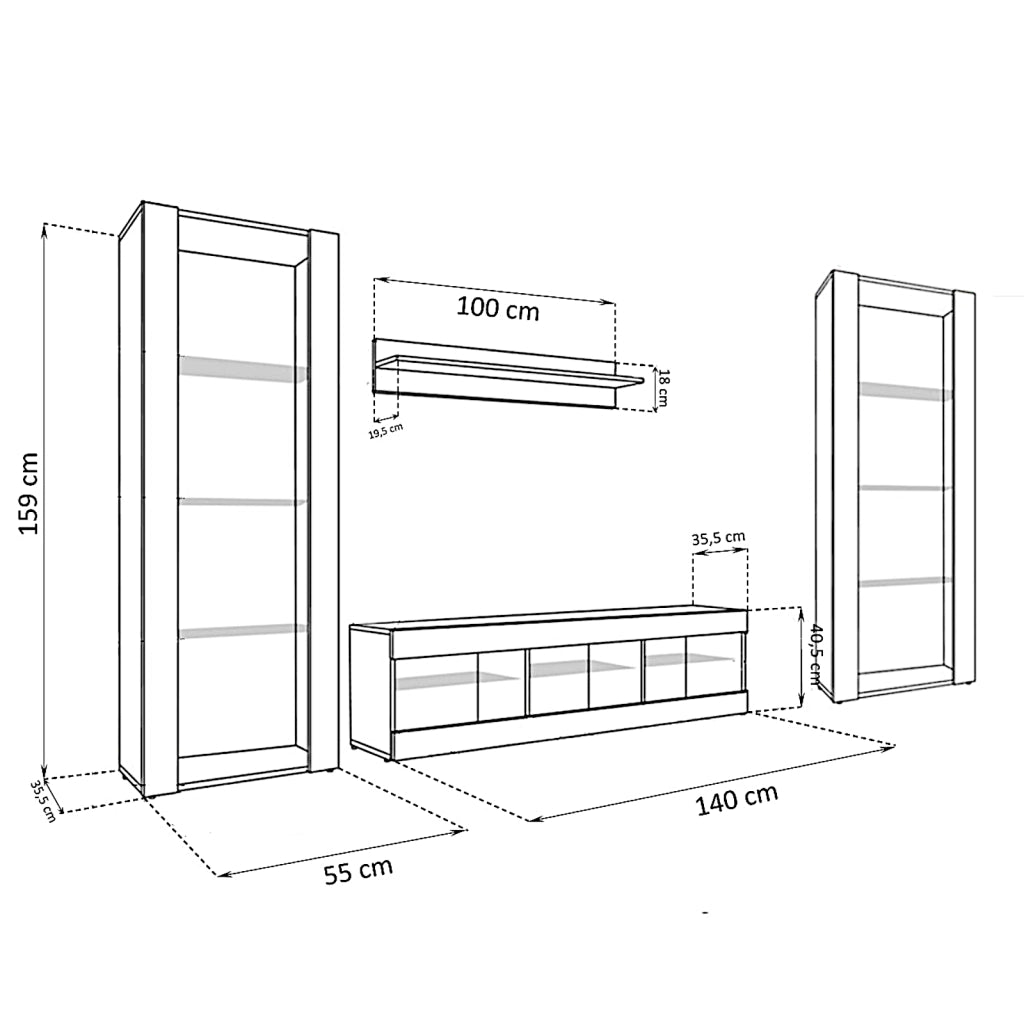 Set di mobili porta TV Tivoli Grande, Komodee, Bianco Wotan, Senza LED, Larghezza 250 cm x Altezza 159 cm x Profondità 35 cm, Per soggiorno, Camera da letto