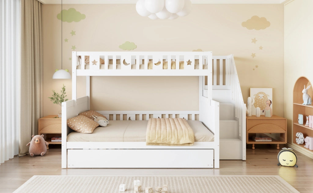 Letto a castello per bambini con scala contenitore, letto estraibile e rete