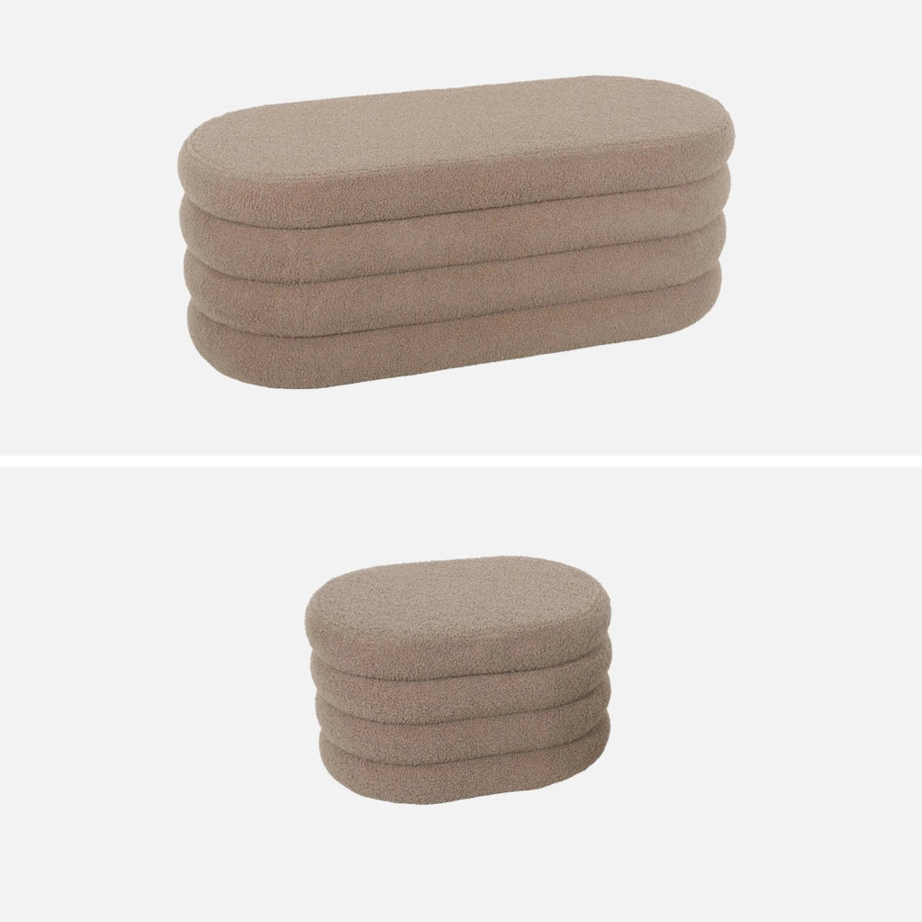 Panca contenitore con 2 pouf contenitori bouclé, talpa