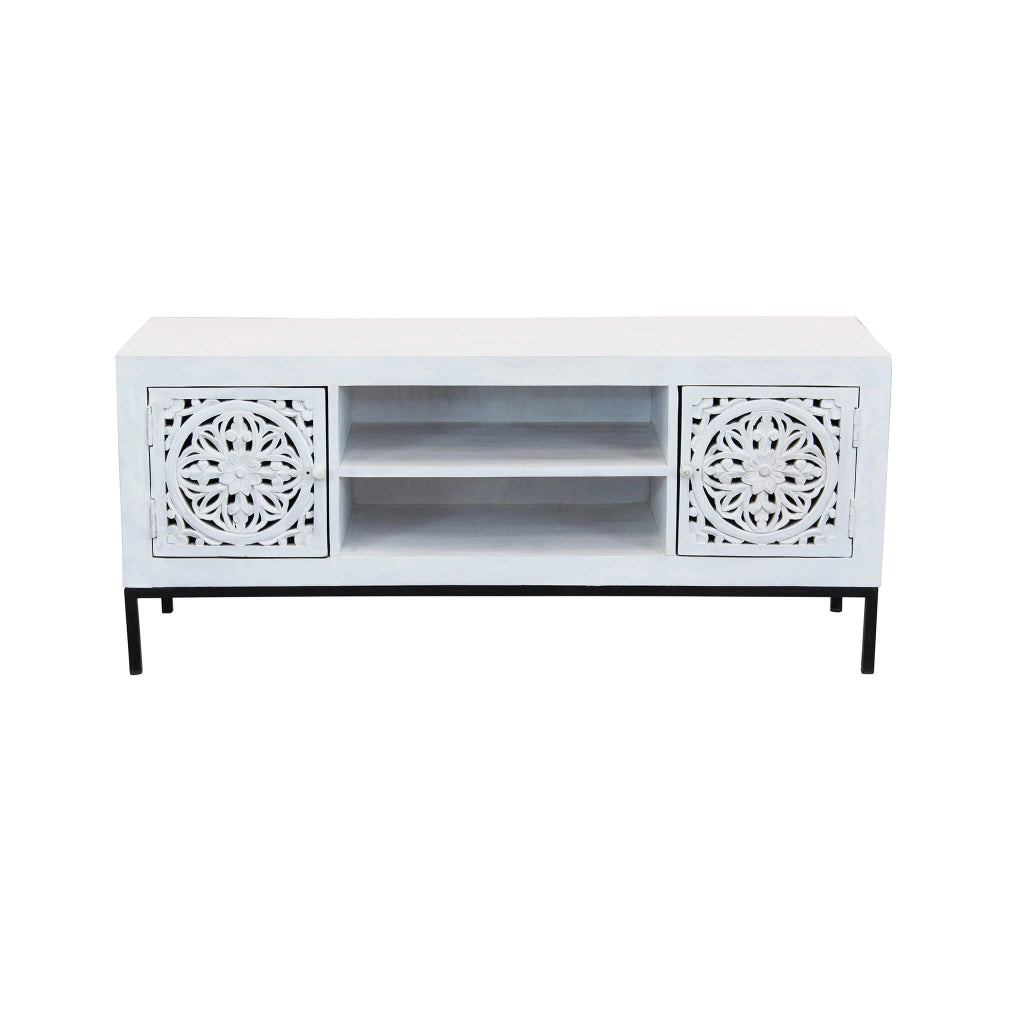MOBILE CLIFFORD PORTA TV IN LEGNO DI MANGO CON DECORO SBIANCATO