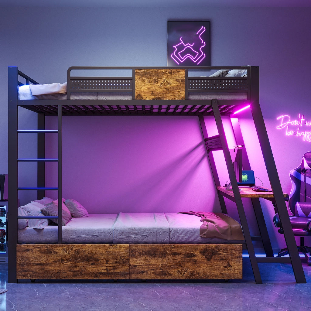 Letto a castello 2 posti per 2 materassi 90 × 200 cm con scrivania, prese, USB e porta tipo C, LED, senza materasso