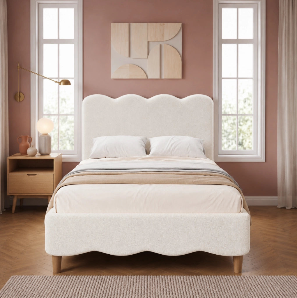 Letto singolo imbottito 90x200 cm con rete; in bouclé bianco; con testiera e gambe in legno massello