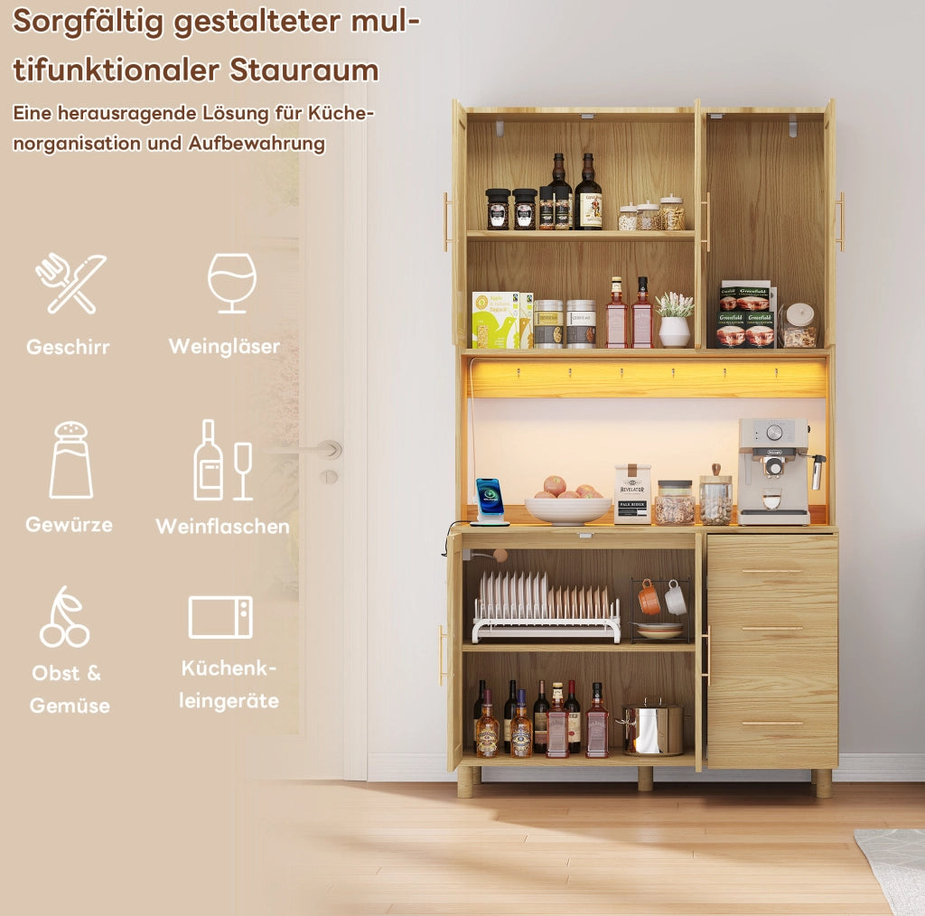 Credenza da cucina con LED, prese integrate, 3 cassetti e ripiani regolabili