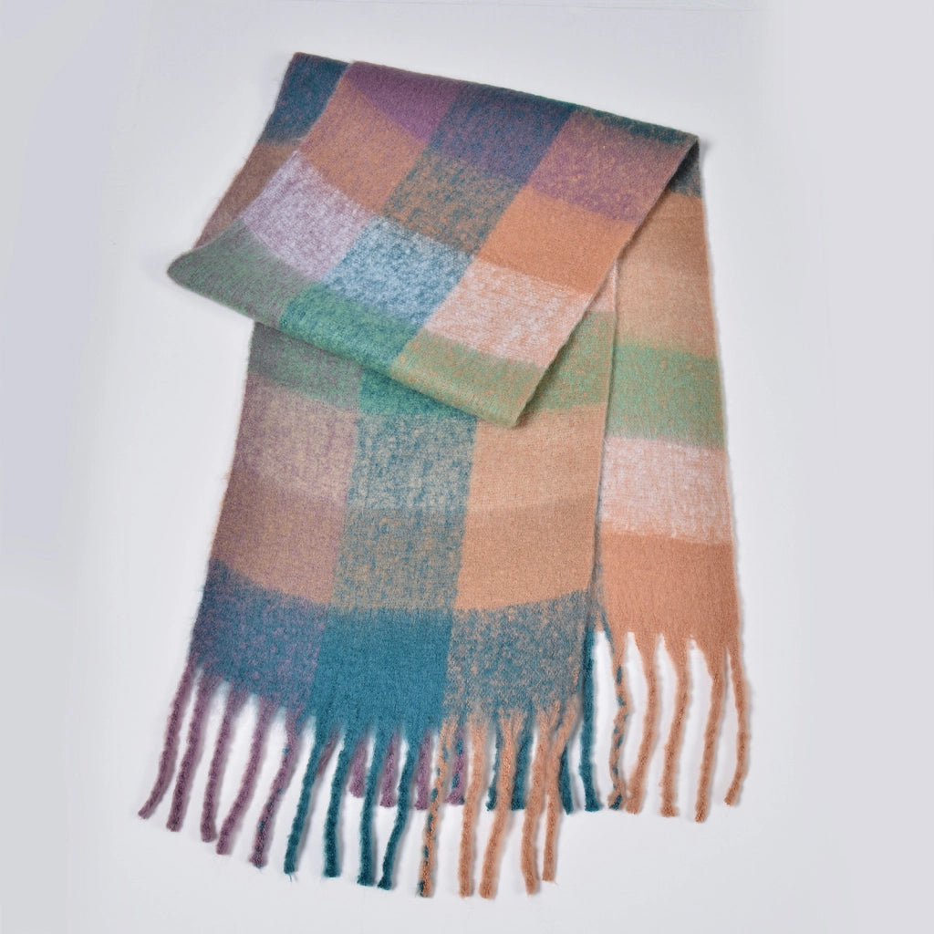 Nuova sciarpa a quadri arcobaleno, elegante, spessa, calda, lunga sciarpa a quadri con nappe