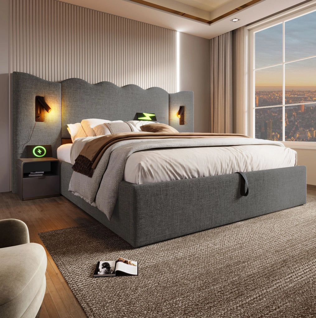 Letto contenitore 160 × 200 cm con lampada da lettura; USB e USB-C; lino grigio