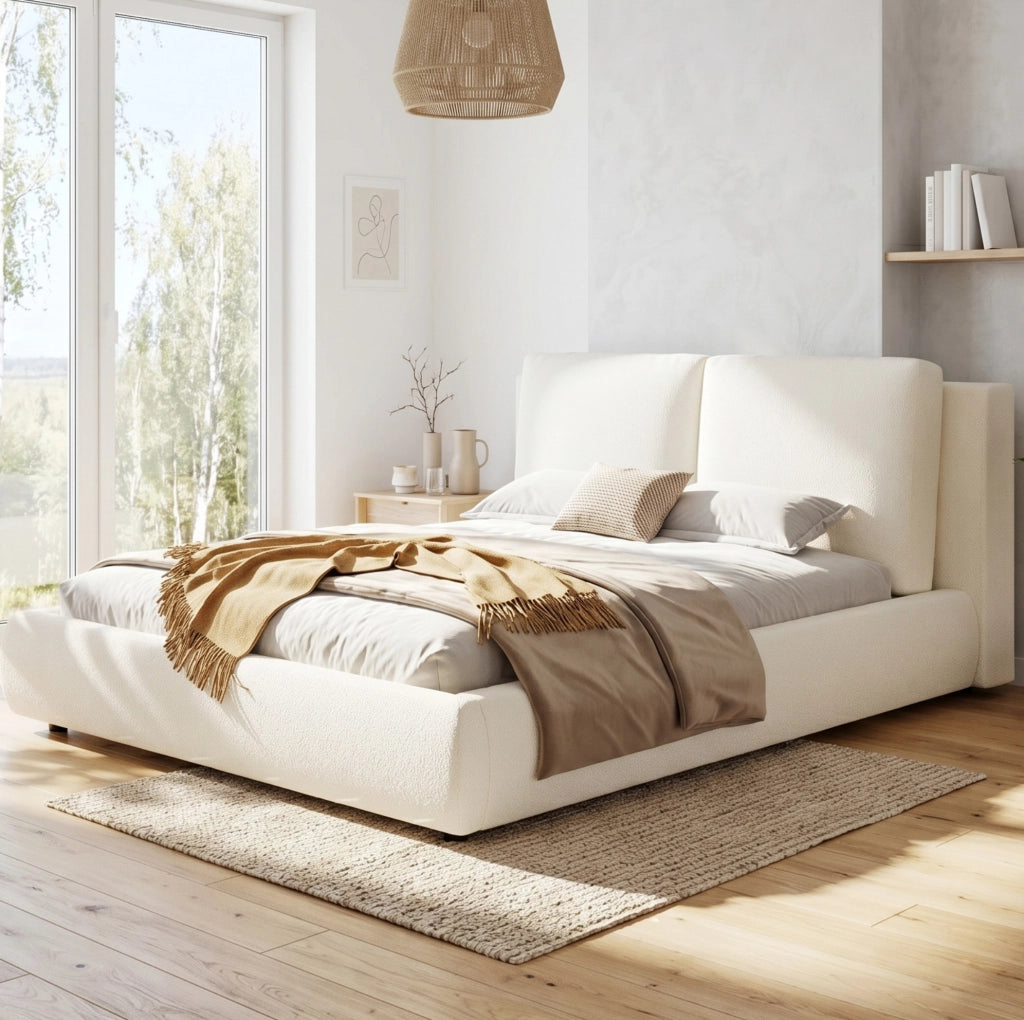 Letto matrimoniale imbottito beige in bouclé con vano contenitore
