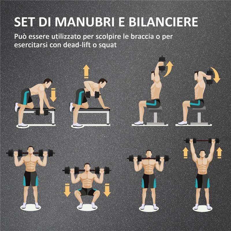 SET 2 MANUBRI ANTISCIVOLO CON 12 DISCHI PESI DA 20 KG TOTALI E CONNETTORE, IN ACCIAIO, HDPE E SABBIA, NERO