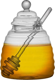 Vaso da miele in vetro da 500 ml con ciotola per miele e cucchiaio per miele, bicchiere di vetro da miele trasparente con coperchio, bicchieri di vetro da miele per servire miele e sciroppo