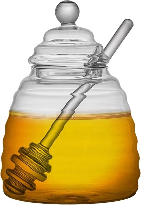 Vaso da miele in vetro da 500 ml con ciotola per miele e cucchiaio per miele, bicchiere di vetro da miele trasparente con coperchio, bicchieri di vetro da miele per servire miele e sciroppo