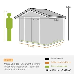 Casetta da Giardino in Acciaio Grigia con Doppie Porte Scorrevoli e Aerazione, 213x130x185 cm