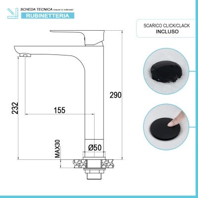 Set miscelatori lavabo alto e bidet Flat nero opaco con piletta
