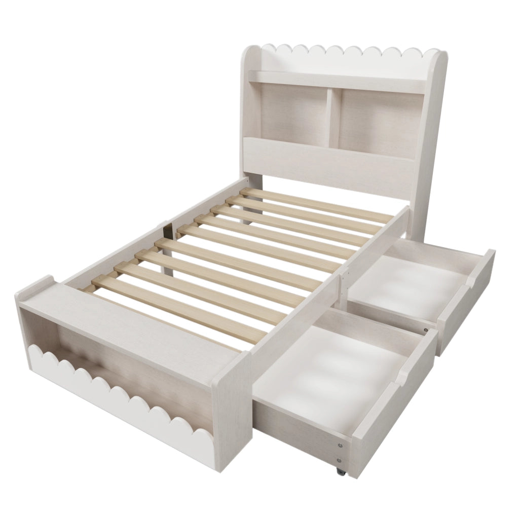 Letto singolo 90x200 cm in legno con 2 cassetti, ripiani e seduta contenitore, bianco e effetto rovere, con rete a doghe
