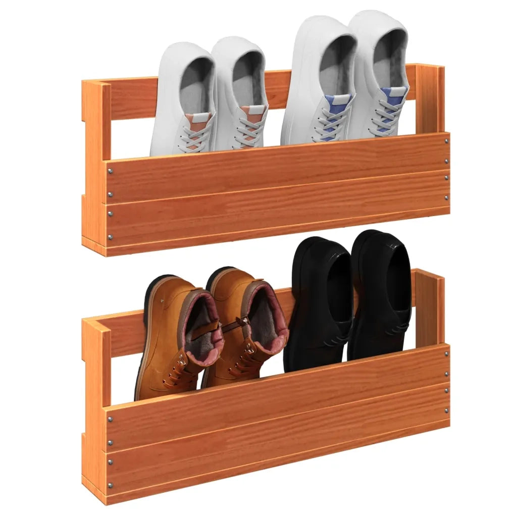 Scarpiere a Parete 2 pz Marrone Cera Legno Massello di Pino 844489