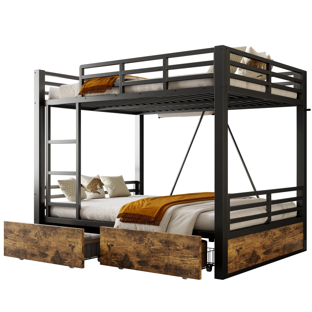 Letto a castello 140x200 cm con cassetti; scala e sponde in metallo e legno nero