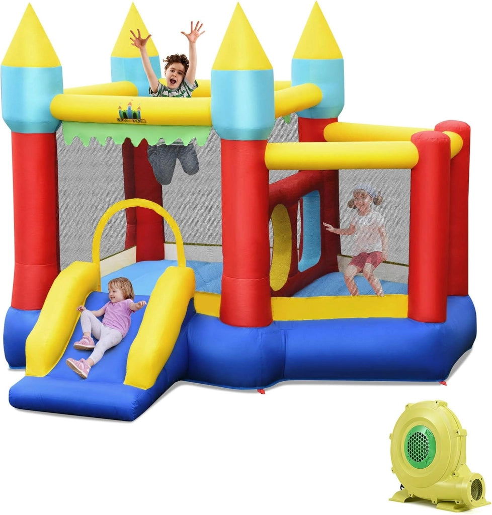 Castello Gonfiabile Per Bambini, con Scivolo, 100 Palline, Borsa di Trasporto e Kit di Riparazione, per 3 Bambini 3-10 anni, Regalo Perfetto per Bambini (con Soffiatore)