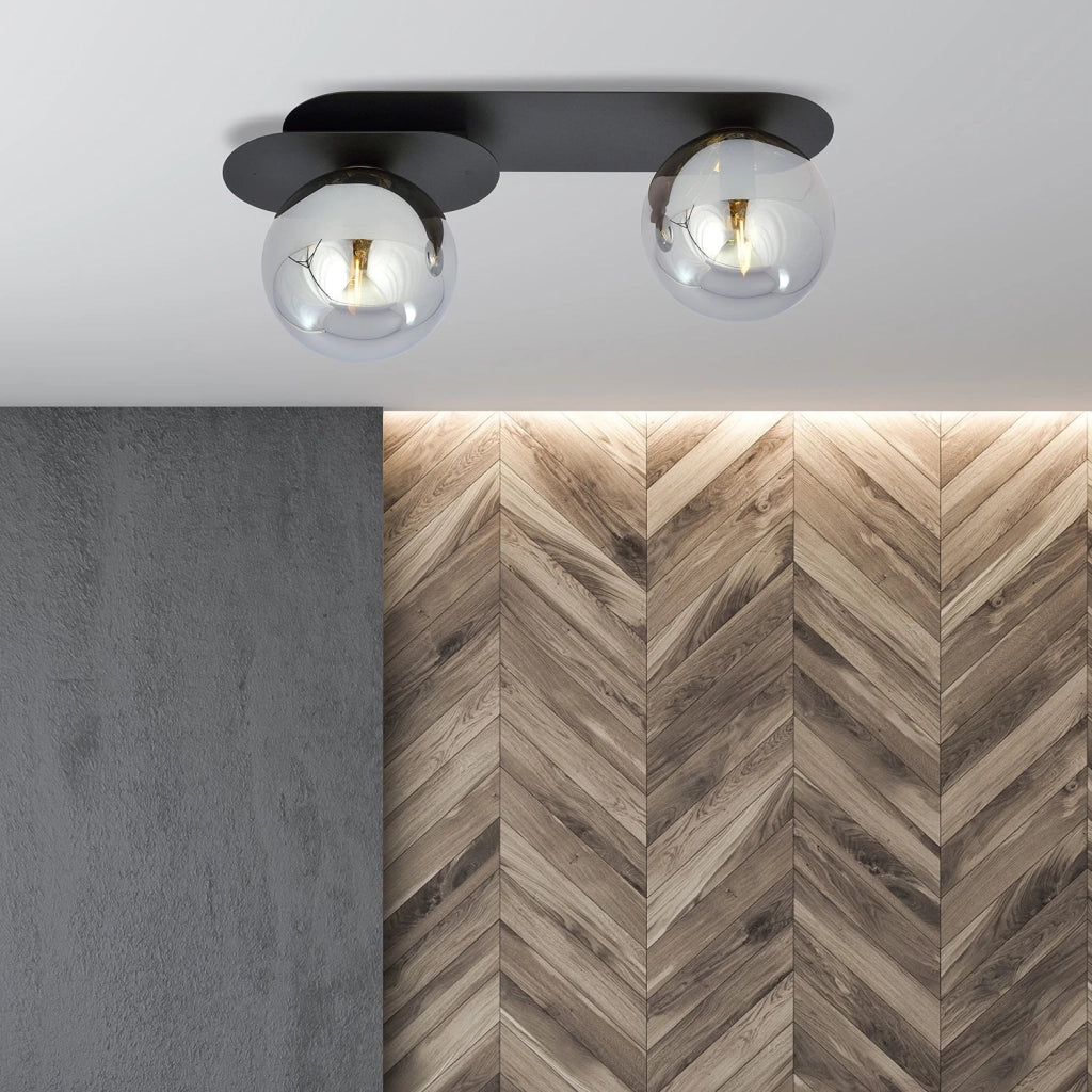 Plafoniera Minimal 2 Luci Teia In Acciaio Nero E Sfere Vetro Fumè