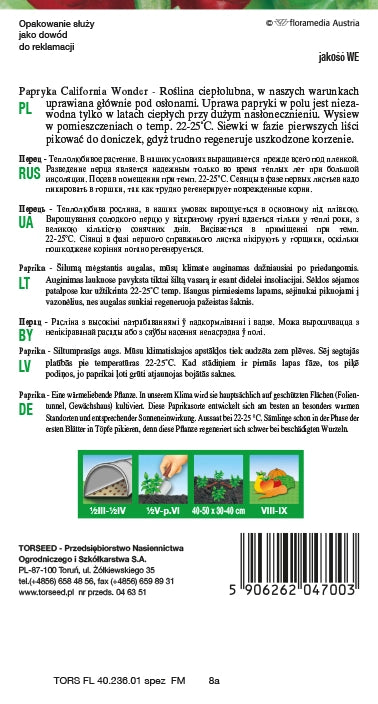 Peperone dolce (per coltivazione in tunnel di alluminio) California Wonder 0,5 g
