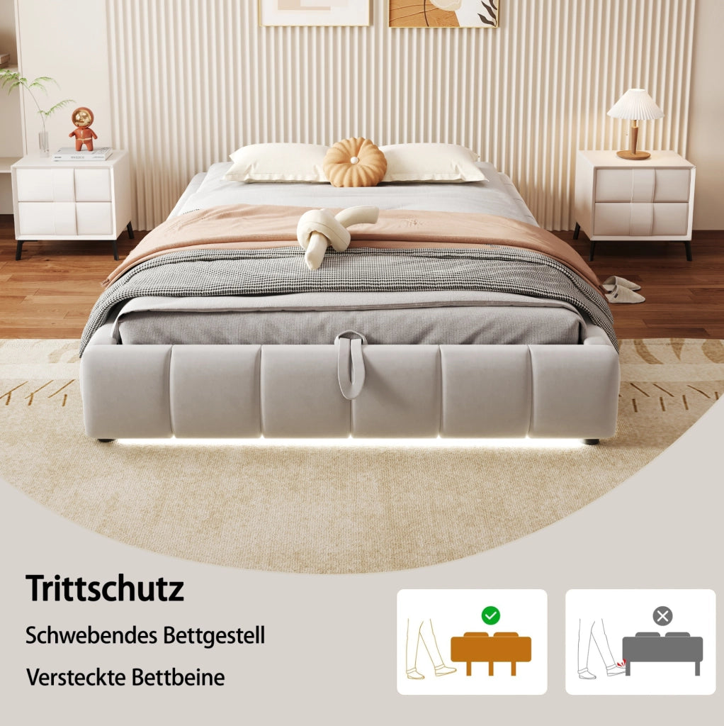 Letto imbottito 140x200 cm senza testiera con LED e contenitore; beige
