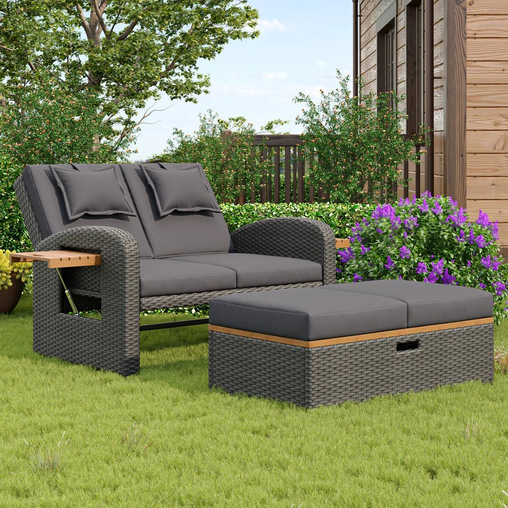 Set da giardino per 2 persone - Zephmum- Rattan grigio, schienale regolabile, con poggiapiedi