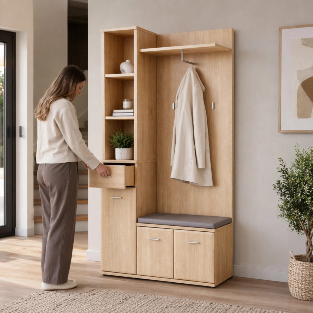 Set Ingresso E Panca Portascarpe Appendiabiti Mobile Entrata Vani Ripiani Contenitore Multifunzione Salvaspazio Per Corridoio Casa Design Moderno 90 x 32 x 203 Cm Rovere