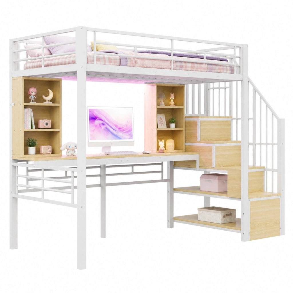 Letto a soppalco 90x200 cm con scrivania; scale contenitore e LED in MDF e metallo bianco