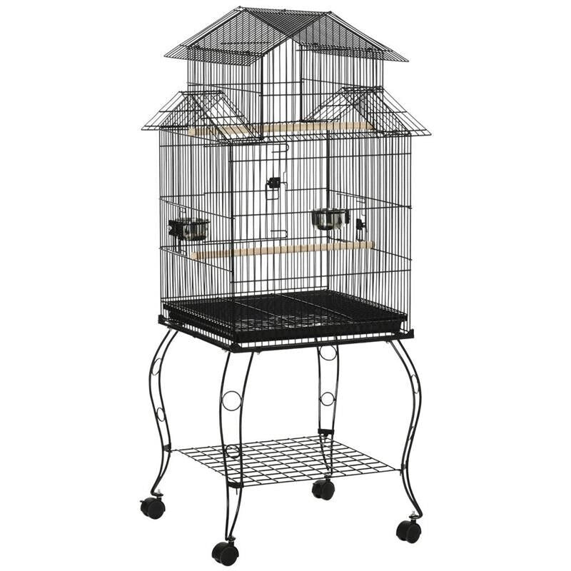 GABBIA PER UCCELLI DA INTERNI IN ACCIAIO E LEGNO CON VASSOIO, 4 RUOTE E TRESPOLO, 50X49X137CM