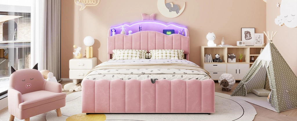DESMIU Litto bambini 140 × 200 cm con contenitore idraulico, USB, Type-C, LED, senza materasso, rosa