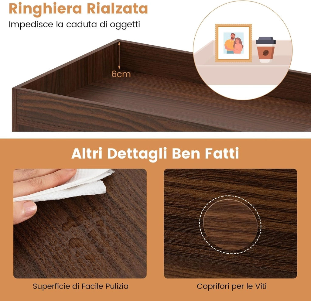 Tavolino da Salotto a 3 Ripiani con Ruote, Tavolino Caffè Laterale in Legno per Soggiono e Studio, Mobile Porta Stampante per Casa e Ufficio, 76 x 39,5 x 55 cm, Noce
