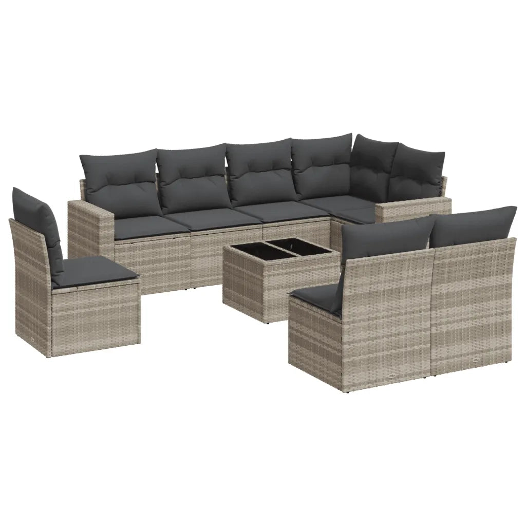 Set Divano da Giardino 9pz con Cuscini Grigio Chiaro Polyrattan