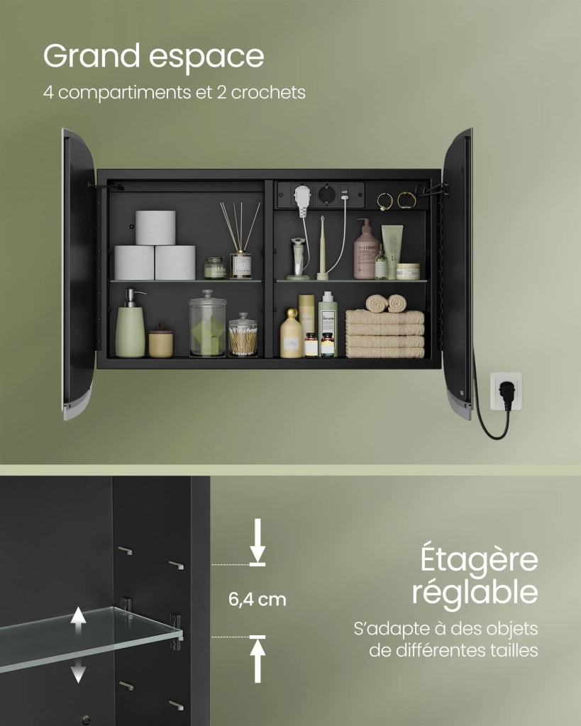 Specchio da bagno con illuminazione mobile lavabo con 2 prese CA 2 porte USB 2 ripiani regolabili angoli arrotondati 12_0006611