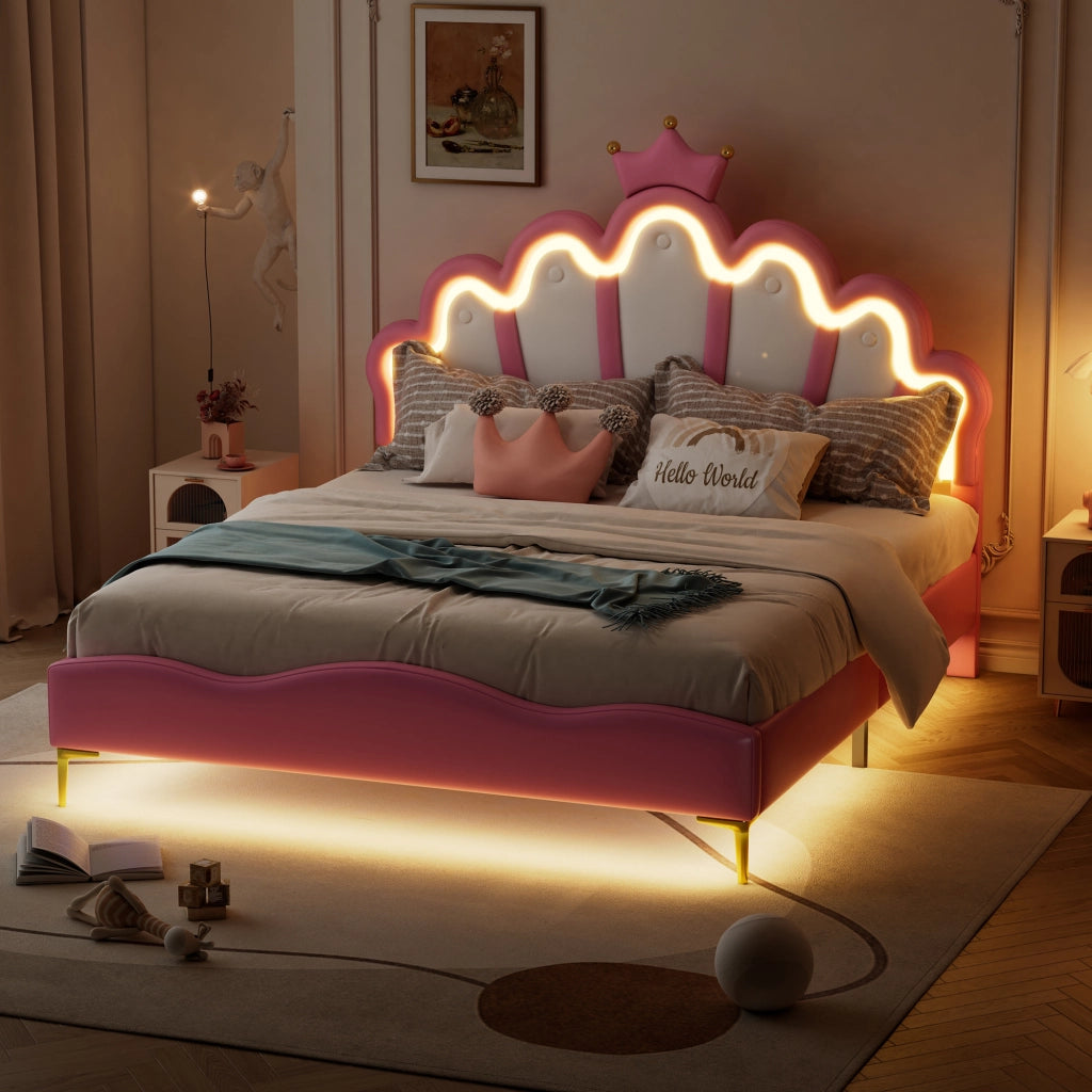 Letto Matrimoniale 140×200 cm con LED Regolabile e Testiera Regolabile; senza Materasso; PU; Rosa