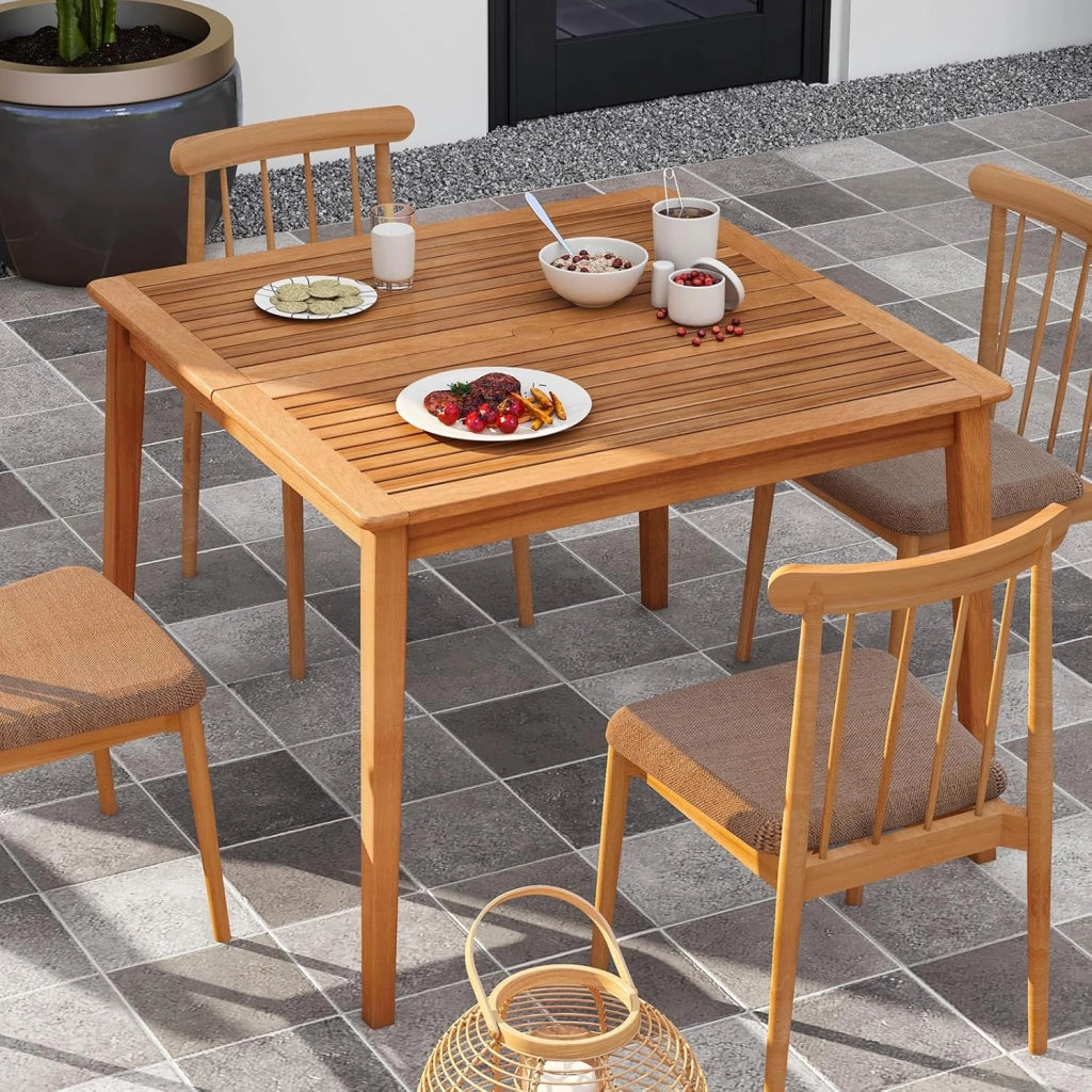 Tavolo da Giardino con Foro per Ombrellone da 5 cm, Tavolo da Pranzo in Legno di Acacia, Tavolo Rettangolare per 4 Persone, per Esterno, Balcone, Cortile, Veranda (Modello I)