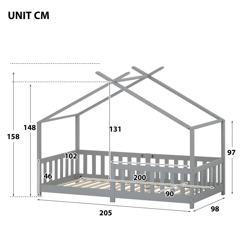 Letto Casetta 90x200 cm - con Sponde di Sicurezza e Vano Sottoletto - in Legno - Grigio