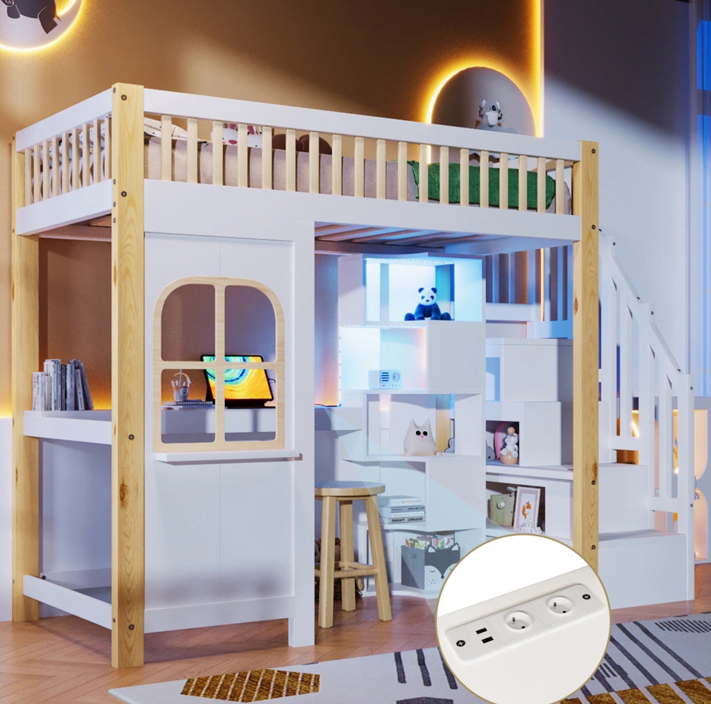 Letto a soppalco 90x200 cm con scrivania, LED e scala contenitore
